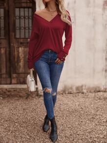 SHEIN LUNE 紐扣細節落肩T恤 - 酒紅色 - 查看 5