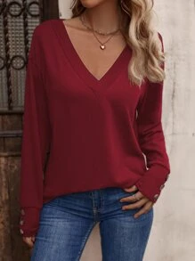 SHEIN LUNE 紐扣細節落肩T恤 - 酒紅色 - 查看 6