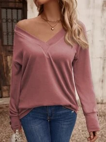 SHEIN LUNE Button Cuff Drop Shoulder Tee - Dusty Pink - View 5