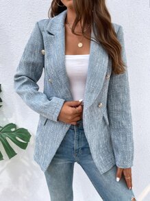 Chiquease Double Breasted Flap Detail Blazer Without Belt Fall Cloth For Women - Dusty Blue - View 6