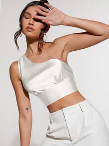 SHEIN BAE Satin One Shoulder Knot Back Top - White - View 1