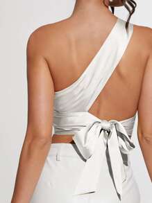 SHEIN BAE Satin One Shoulder Knot Back Top - White - View 5