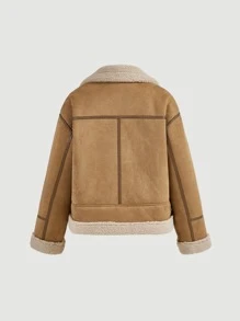 SHEIN MOD Teddy Liner Belted Faux Suede Biker Jacket - Camel - View 10
