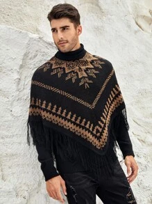 GENTILAND Men Geo Pattern Fringe Trim Knit Poncho - Multicolor - View 3