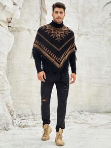 GENTILAND Men Geo Pattern Fringe Trim Knit Poncho - Multicolor - View 5