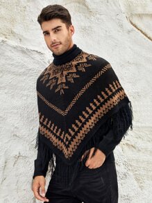 GENTILAND Men Geo Pattern Fringe Trim Knit Poncho - Multicolor - View 6