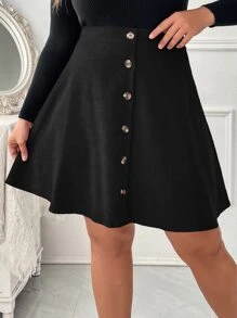 SHEIN Franclia Váy Plus Size Nút phía trước màu trơn Giải trí - màu đen - Xem 3