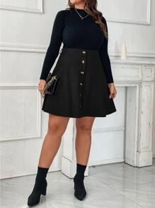 SHEIN Franclia Váy Plus Size Nút phía trước màu trơn Giải trí - màu đen - Xem 4