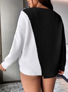 Calvaya Áo len Plus Size Ren lên Khối Màu Giải trí - Đen và trắng - Xem 2