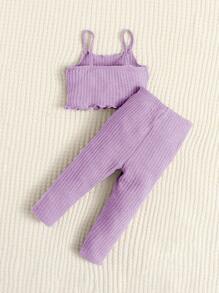 SHEIN Baby Girl Waffle Knit Lettuce Trim Cami Top & Bow Front Pants - Lilac Purple - View 2
