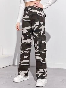 SHEIN Teen Girls Pocket Patched Camo Cargo Jeans - Multicolor - View 5