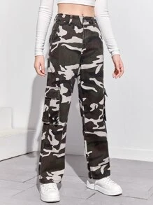SHEIN Teen Girls Pocket Patched Camo Cargo Jeans - Multicolor - View 6