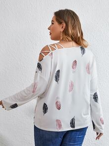SHEIN LUNE Plus Feather Print Asymmetrical Neck Tee Graphic Tees Women Tops - White - View 2