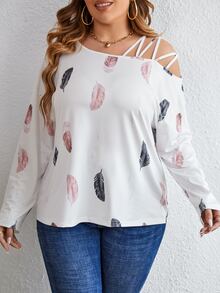 SHEIN LUNE Plus Feather Print Asymmetrical Neck Tee Graphic Tees Women Tops - White - View 3