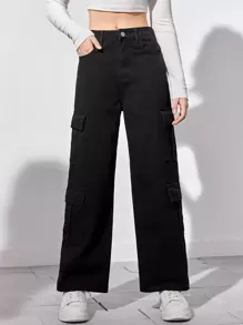 SHEIN 青少年女孩翻蓋口袋工裝牛仔褲