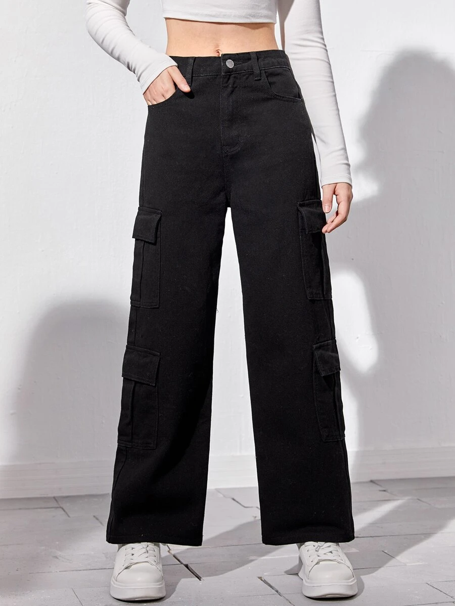 SHEIN 青少年女孩翻蓋口袋工裝牛仔褲