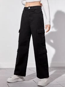 SHEIN 青少年女孩翻蓋口袋工裝牛仔褲