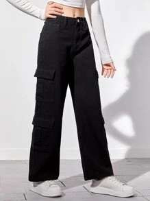 SHEIN 青少年女孩翻蓋口袋工裝牛仔褲