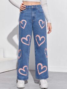 SHEIN 青少年女孩愛心圖案牛仔褲 - 中等水洗藍 - 查看 1