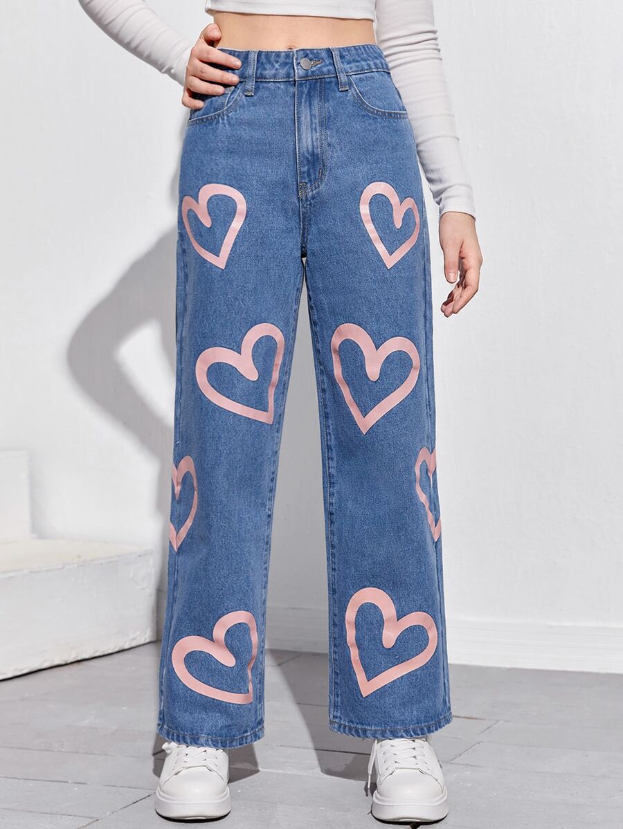 SHEIN 青少年女孩愛心圖案牛仔褲 - 中等水洗藍 - 查看 1