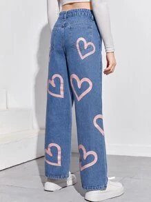 SHEIN 青少年女孩愛心圖案牛仔褲 - 中等水洗藍 - 查看 2