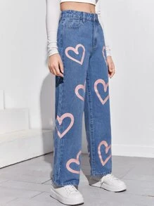 SHEIN 青少年女孩愛心圖案牛仔褲 - 中等水洗藍 - 查看 3