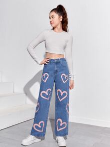 SHEIN 青少年女孩愛心圖案牛仔褲 - 中等水洗藍 - 查看 4