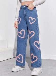 SHEIN 青少年女孩愛心圖案牛仔褲 - 中等水洗藍 - 查看 5