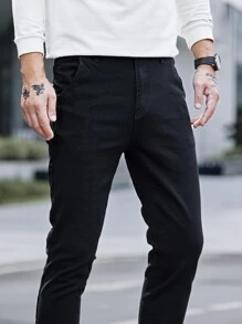 Manfinity Homme Hombres Jeans unicolor con bolsillos oblicuos delgado - Negro - Ver 3