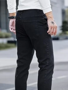 Manfinity Homme Hombres Jeans unicolor con bolsillos oblicuos delgado - Negro - Ver 4