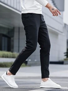 Manfinity Homme Hombres Jeans unicolor con bolsillos oblicuos delgado - Negro - Ver 7