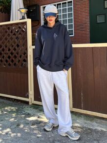 DAZY Slogan Graphic Drop Shoulder Hoodie PURSUE YOUR OBJECT,Long Sleeve Tops,Fall Clothes Sweatshirt - Navy Blue - View 3