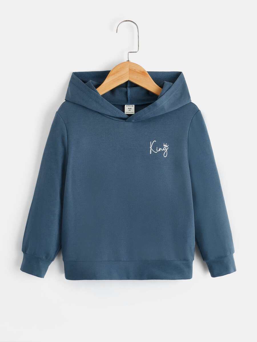 SHEIN Áo nỉ in hình vương miện và chữ cái dành cho bé trai - Màu xanh bụi bặm - Xem 1