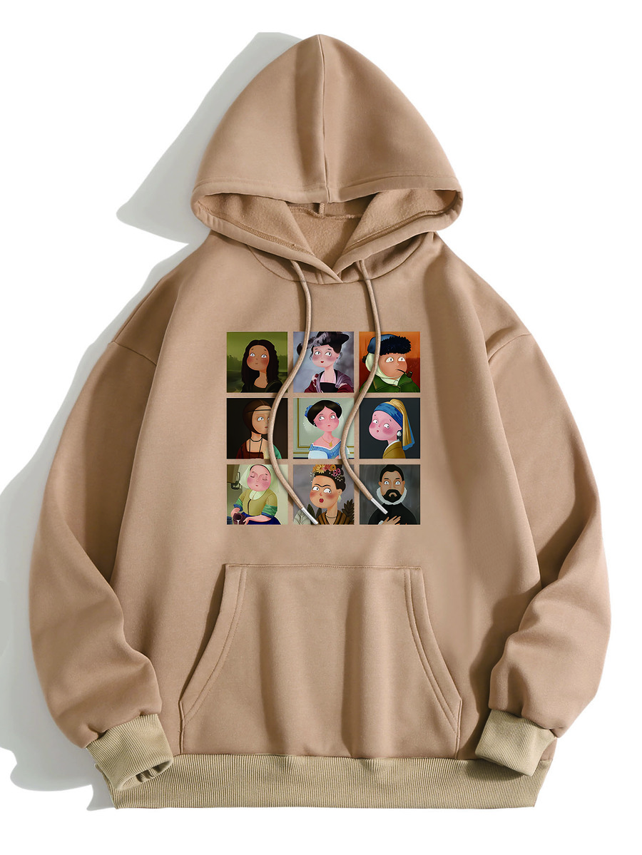 INAWLY Cartoon Graphic Kangaroo Pocket Drawstring Thermal Hoodie - Khaki - View 1