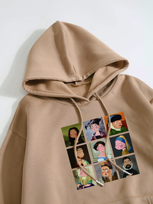 INAWLY Cartoon Graphic Kangaroo Pocket Drawstring Thermal Hoodie - Khaki - View 3