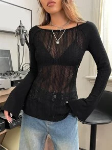 SHEIN ICON Solid Backless Bell Sleeve Sheer Top Without Bra - Black - View 2