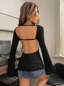 SHEIN ICON Solid Backless Bell Sleeve Sheer Top Without Bra - Black - View 7