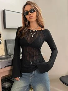 SHEIN ICON Solid Backless Bell Sleeve Sheer Top Without Bra - Black - View 3