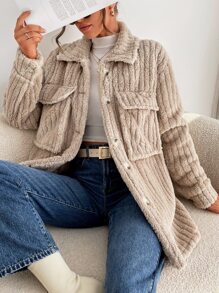 Drop Shoulder Flap Pocket Teddy Coat - Apricot - View 1