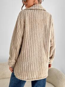 Drop Shoulder Flap Pocket Teddy Coat - Apricot - View 2