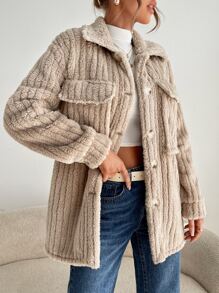 Drop Shoulder Flap Pocket Teddy Coat - Apricot - View 3