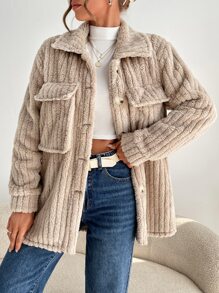 Drop Shoulder Flap Pocket Teddy Coat - Apricot - View 4