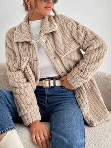 Drop Shoulder Flap Pocket Teddy Coat - Apricot - View 5