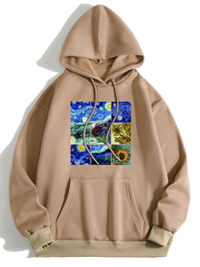 INAWLY 油畫圖案抽繩加絨內裏連帽衫 - 卡其色 - 查看 1