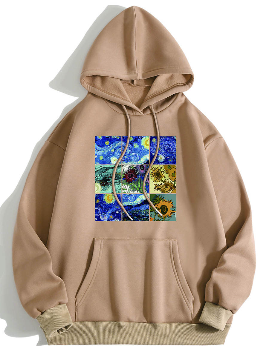 INAWLY 油畫圖案抽繩加絨內裏連帽衫 - 卡其色 - 查看 1