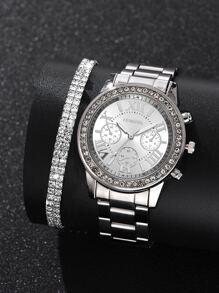 1 đồng hồ thạch anh trang trí rhinestone và 1 vòng tay - Bạc - Xem 1