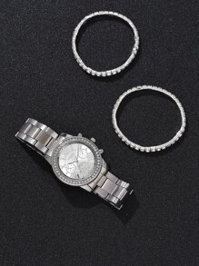 1 đồng hồ thạch anh trang trí rhinestone và 1 vòng tay - Bạc - Xem 3