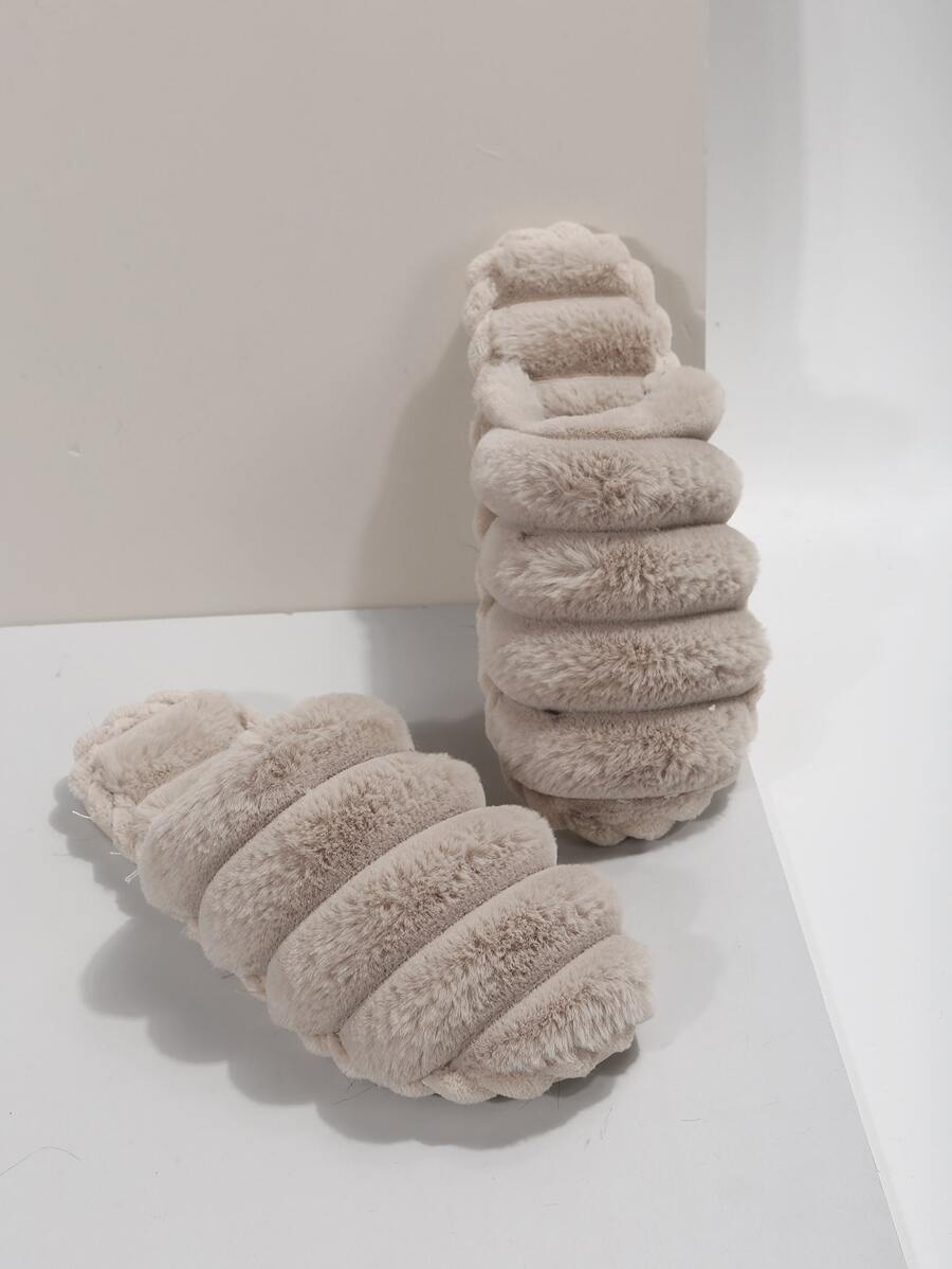 Minimalist Fuzzy Bedroom Slippers,Women's Wave Warm Slippers Home Winter Anti-Slip Car Stitching Home Warm Comfortable Leisure Slipper In Khaki - Khaki - View 1