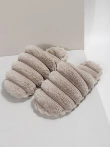 Minimalist Fuzzy Bedroom Slippers,Women's Wave Warm Slippers Home Winter Anti-Slip Car Stitching Home Warm Comfortable Leisure Slipper In Khaki - Khaki - View 3