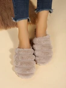 Minimalist Fuzzy Bedroom Slippers,Women's Wave Warm Slippers Home Winter Anti-Slip Car Stitching Home Warm Comfortable Leisure Slipper In Khaki - Khaki - View 2